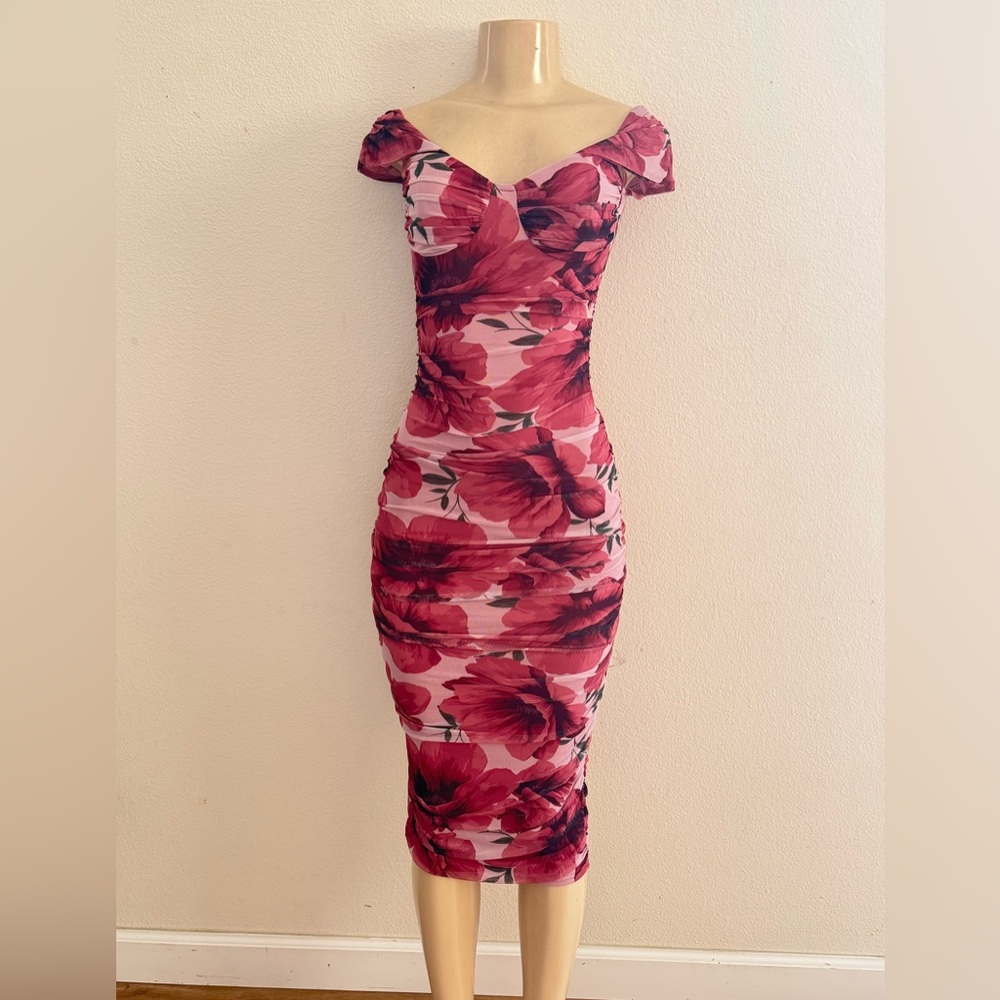 Windsor Floral Off-Shoulder Midi Ruched Dress - Size Small